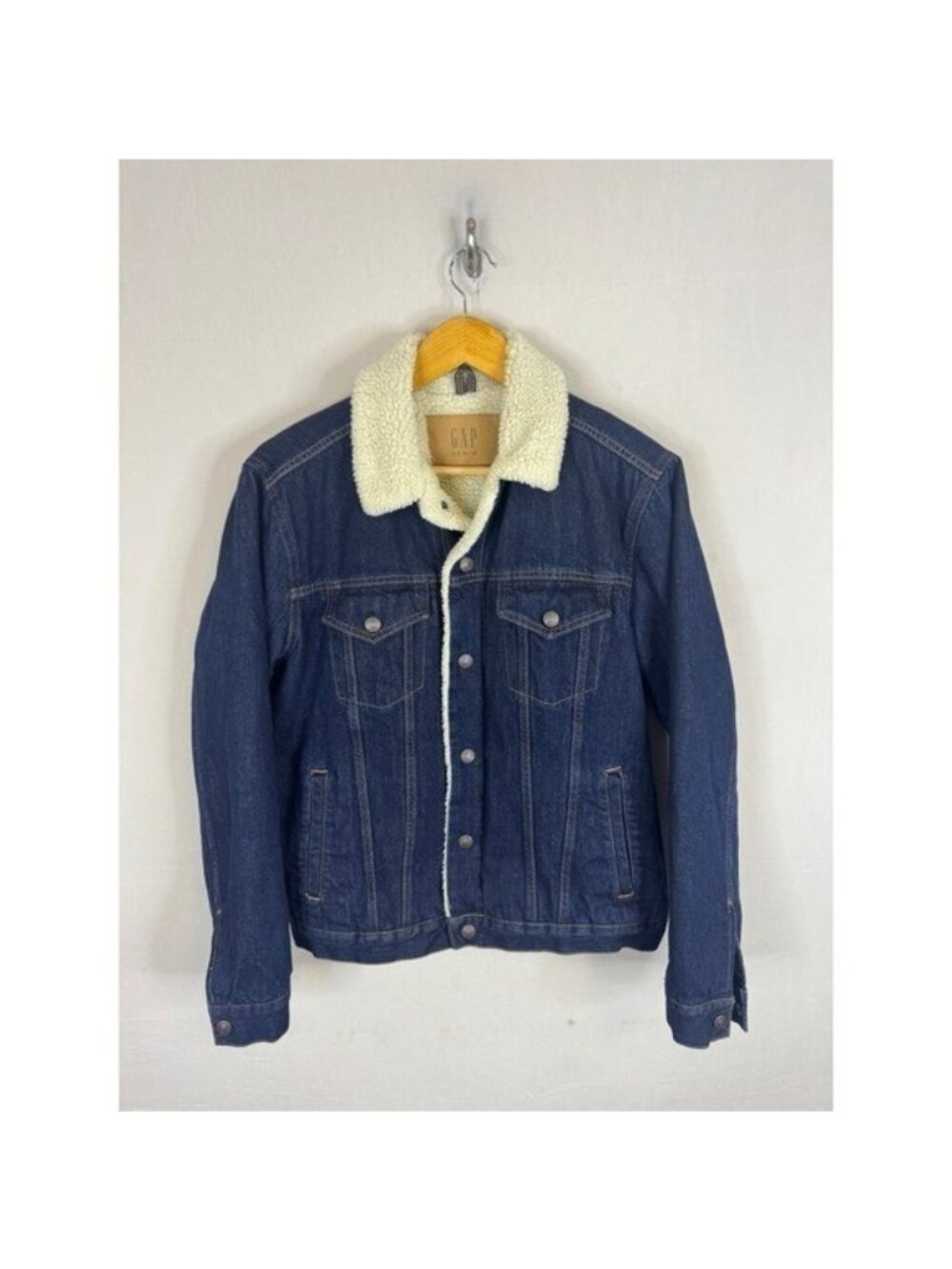 GAP Denim Mens Sherpa Lined Trucker Jacket Dark Wash Indigo Blue Size M